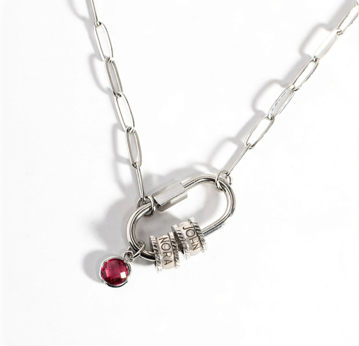 Paper clip name birthstone necklace
