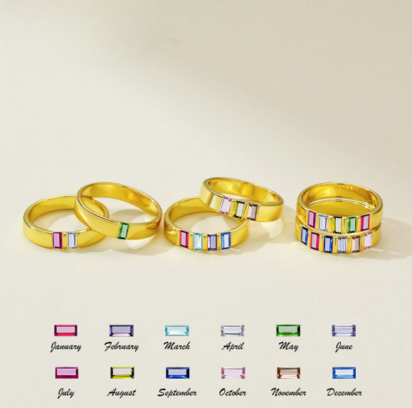 Custom Mens Baguette Birthstone Ring, Gold Plated Copper Band, Personalized Gift for him