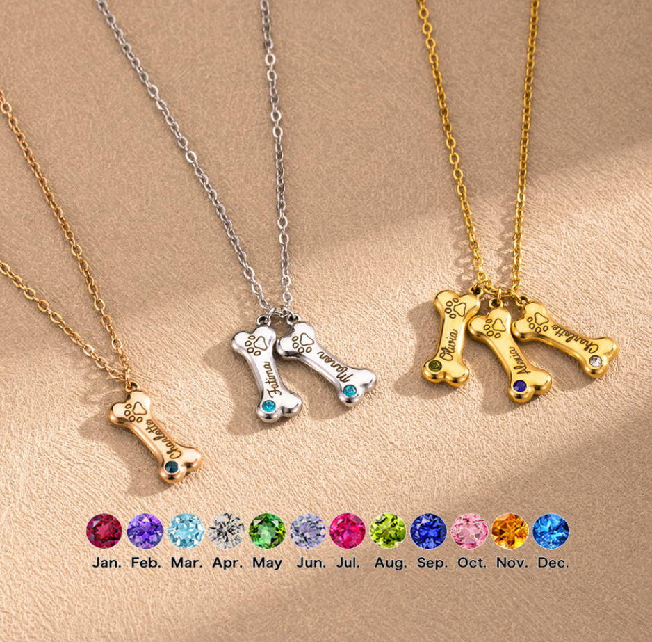 Personalized Dog Bone Necklace - Custom Birthstone and Engraved Pet Memorial Jewelry - 18K Gold Plated Stainless Steel - Adjustable Pet Loss Gift