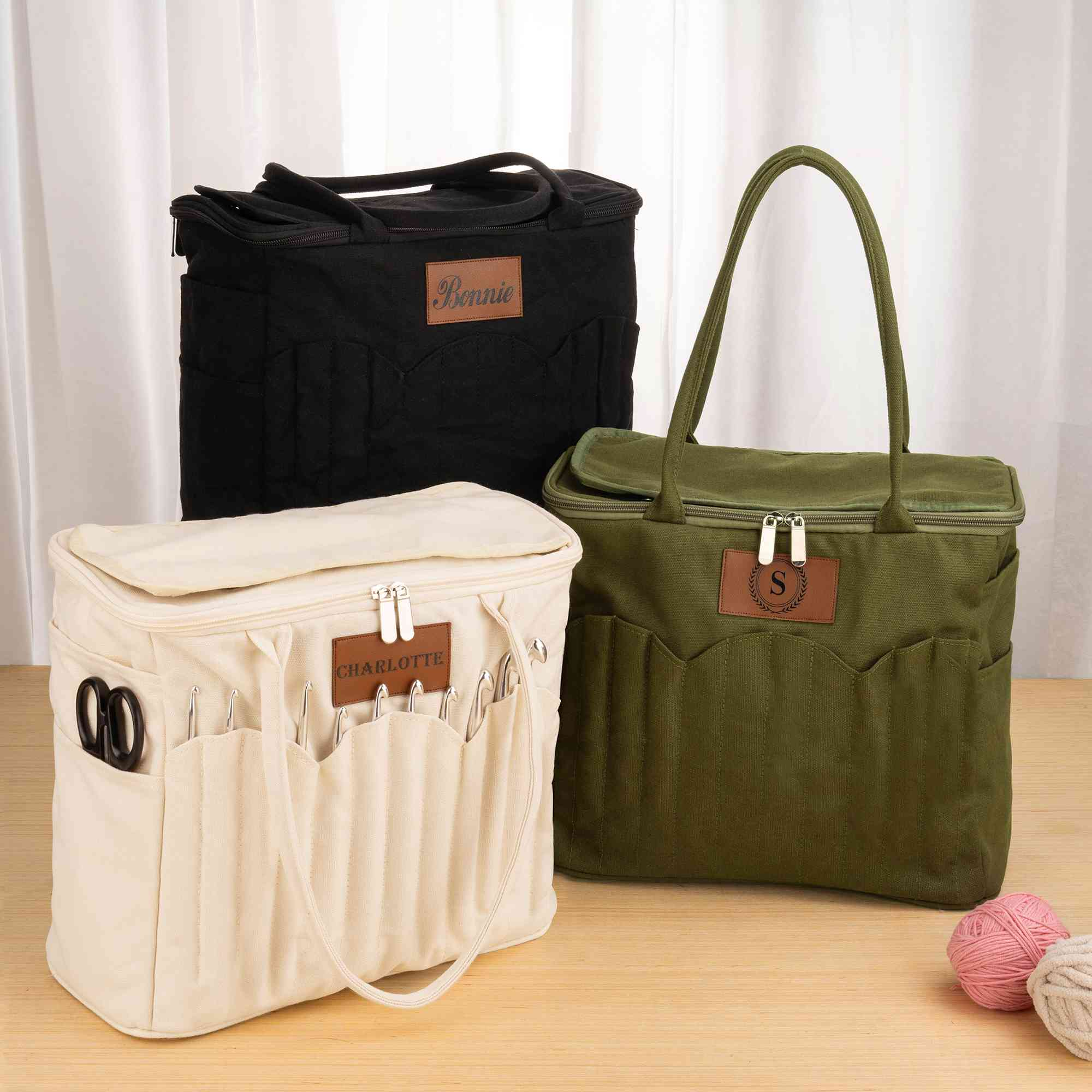 Personalized Monogram Large Canvas Yarn Storage Bag with Needle Pockets and Handle Crochet Knitting Accessories Birthday Gift for 