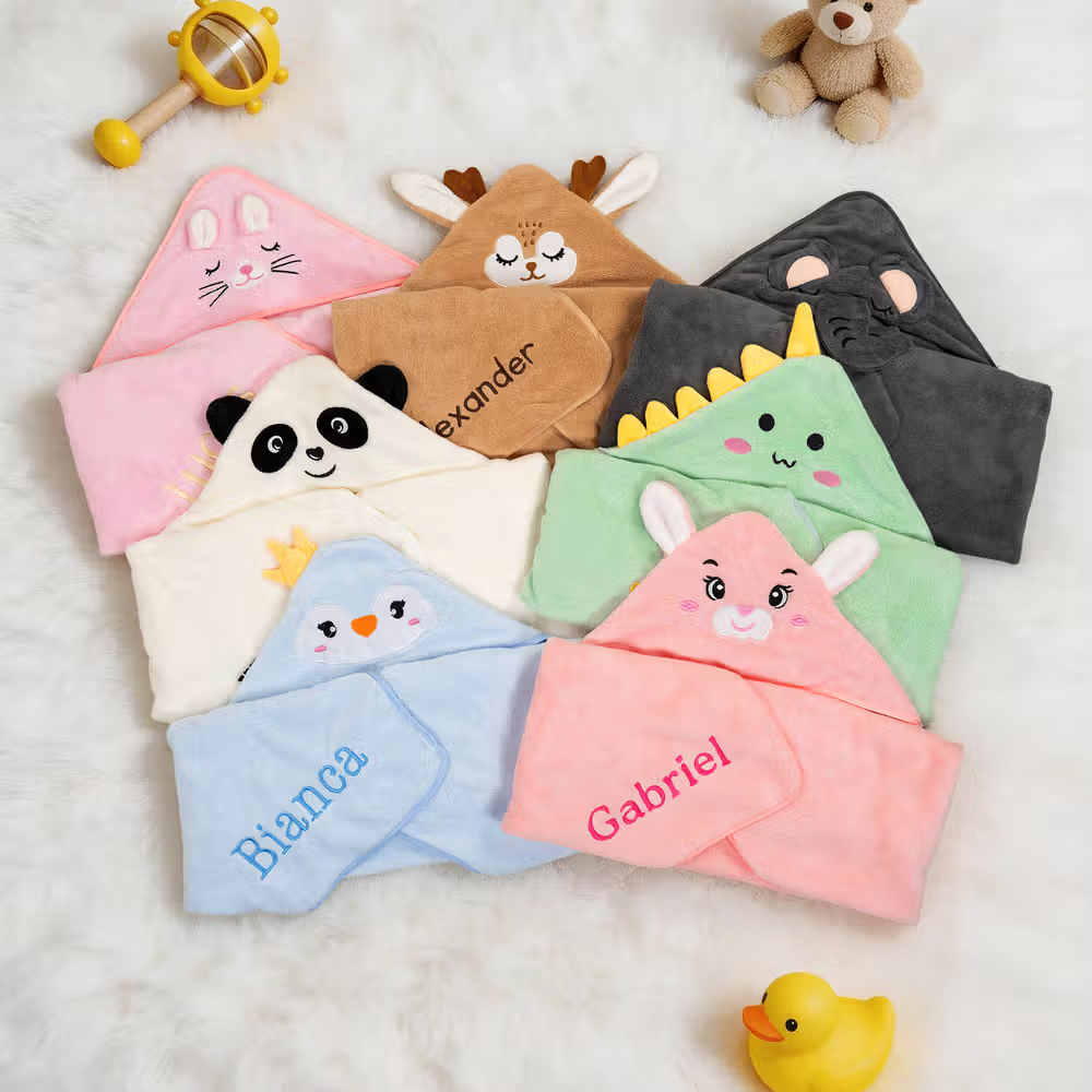 Personalized Cute Animal Embroidered Name Hooded Bath Towel Baby Shower Birthday Gift for Newborns Kids