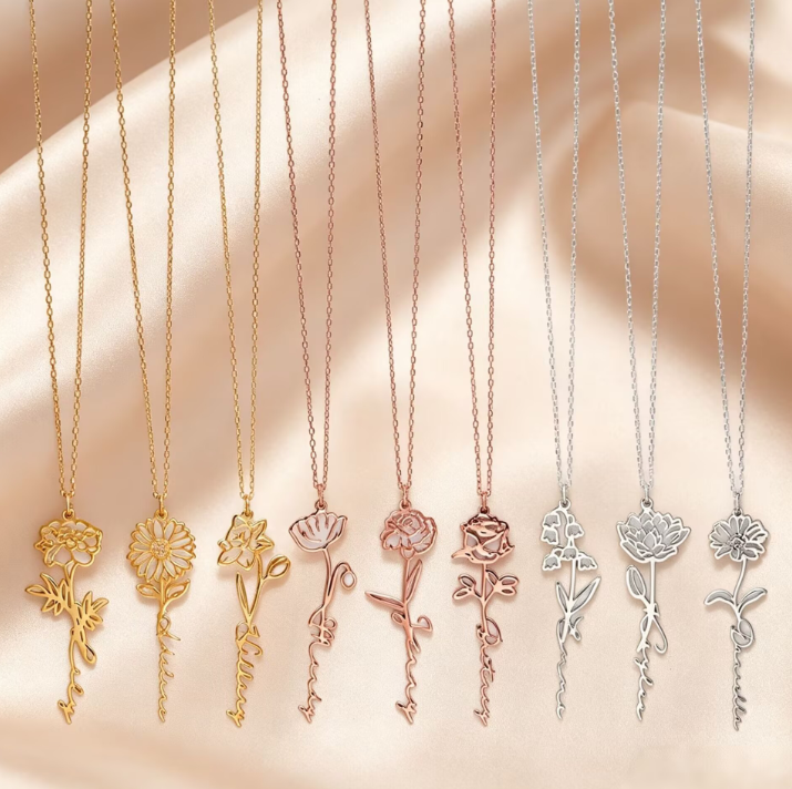 Custom Name Stainless Steel Necklace Birthday Flower