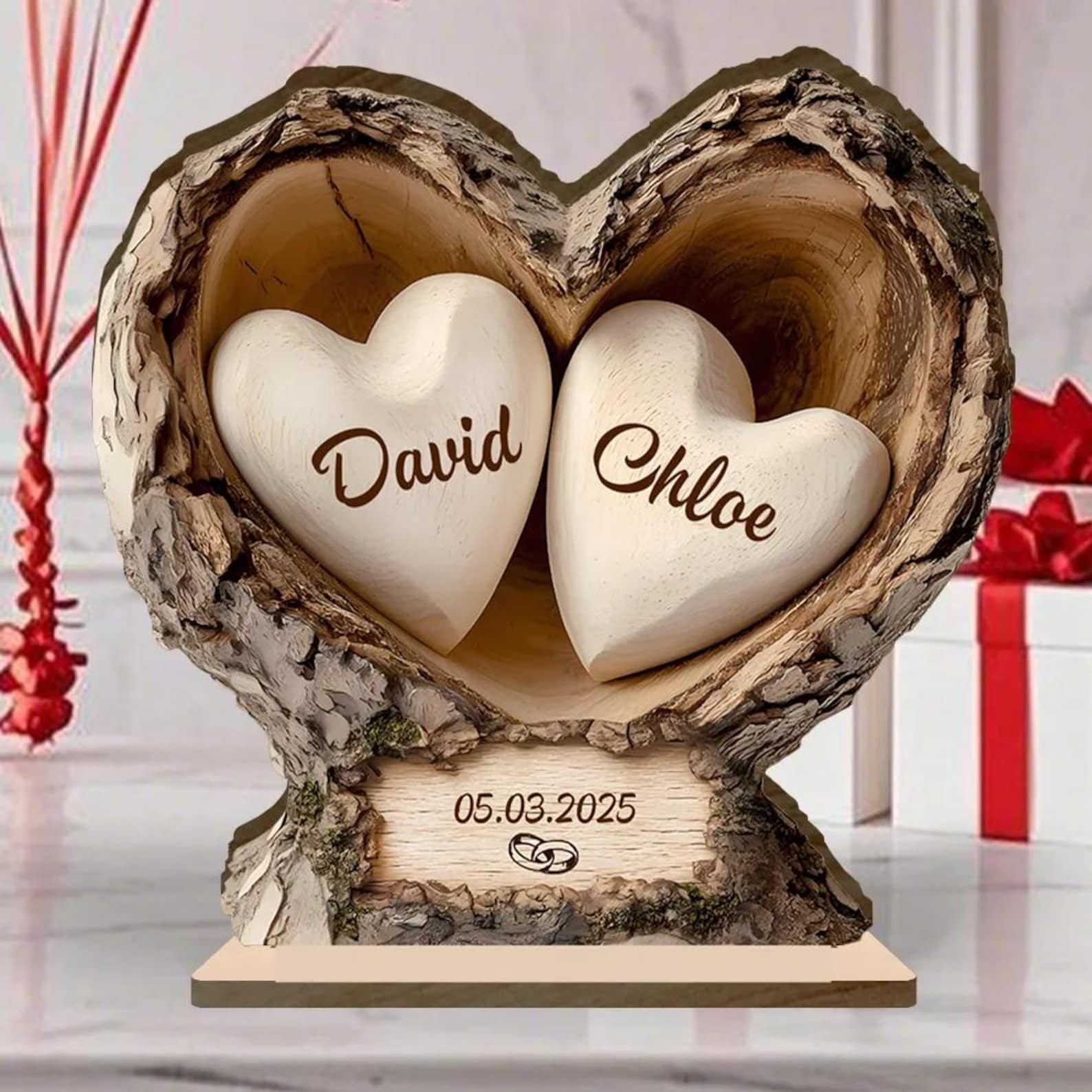 Personalized Wooden Carved Heart Ornament Custom Couple Names DIY Wedding Anniversary Gift