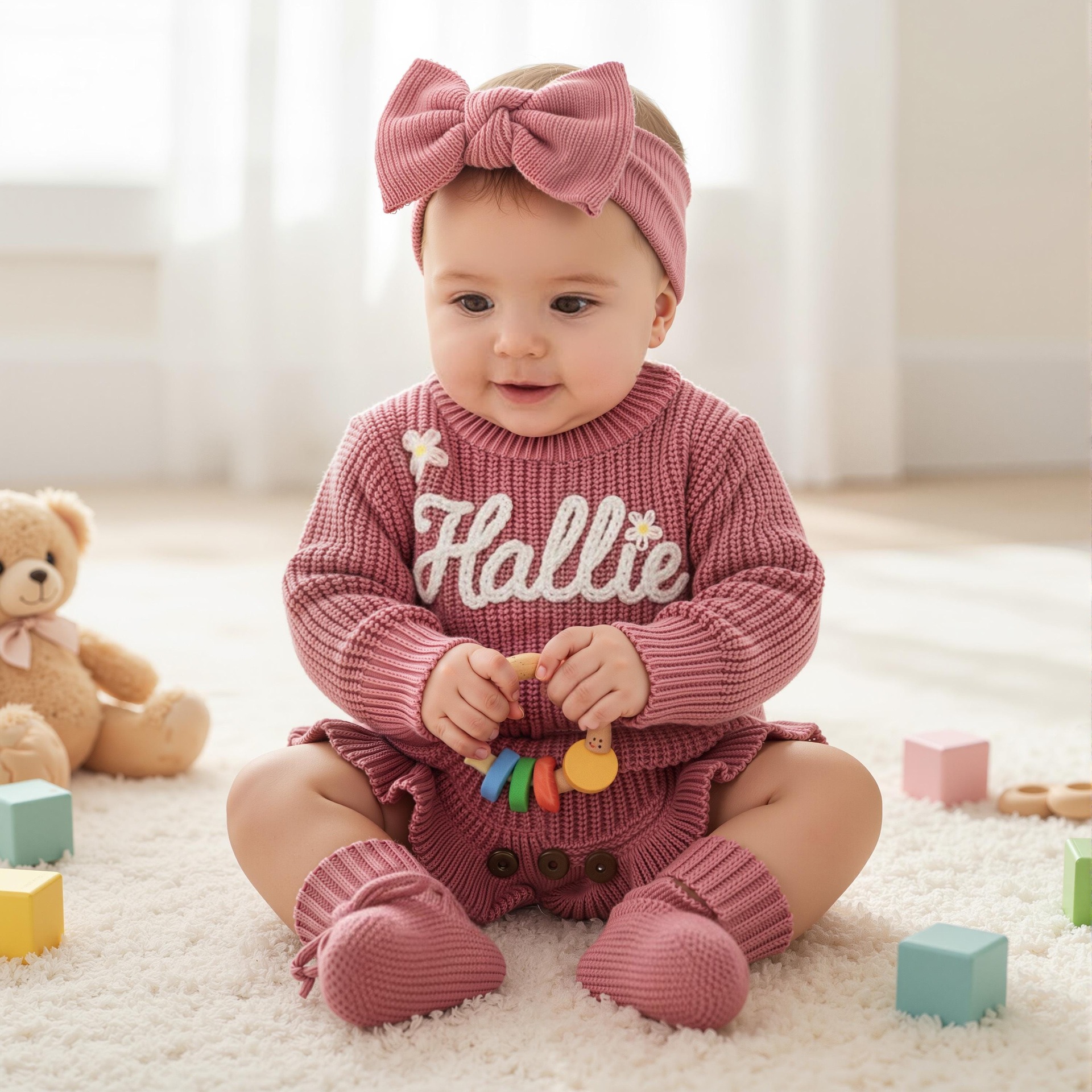 Embroidered Custom‑Letter Baby Knitted Romper