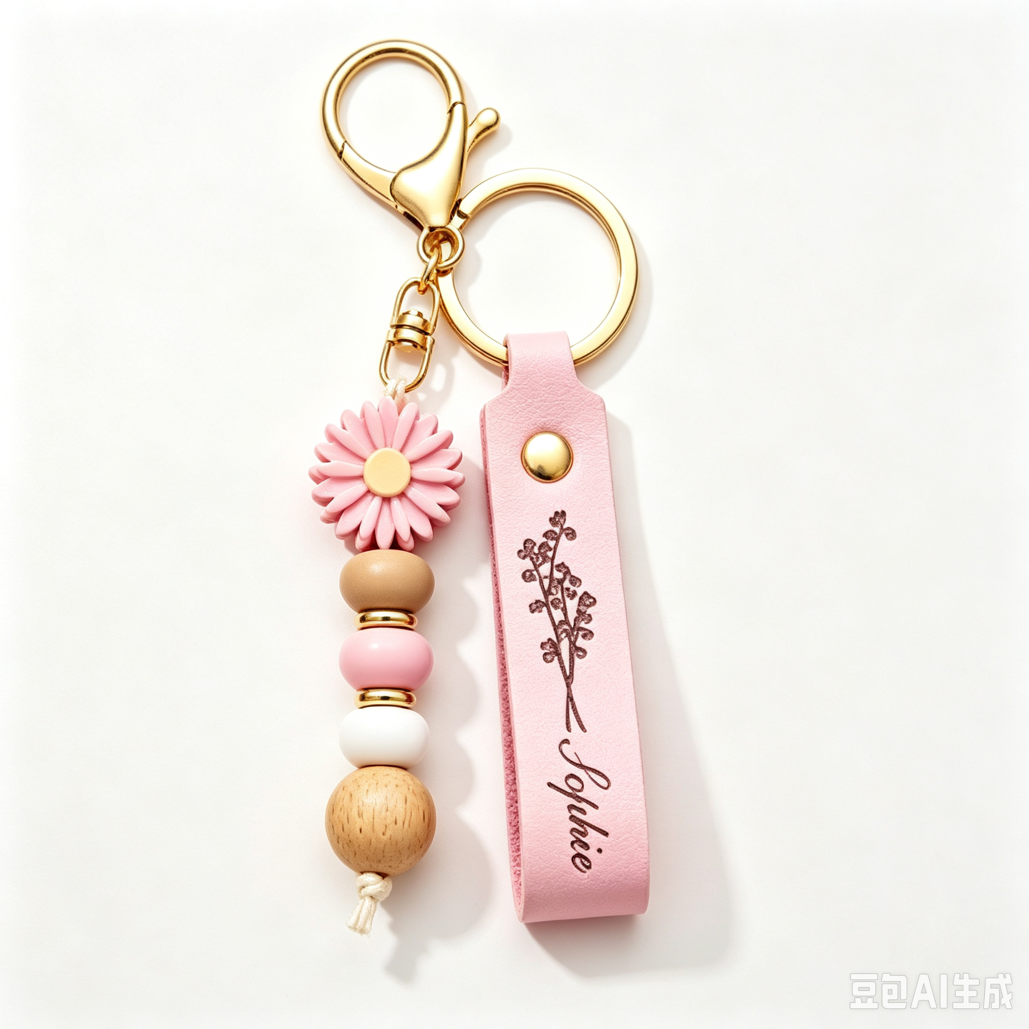 Daisy Flower Silicone Bead Wooden Bead Leather Engraved Keychain