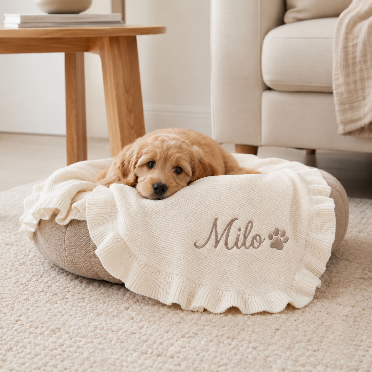 Personalized Knitted Pet Blanket, Custom Embroidered Pet Throw, Ruffle Edge Cozy Pet Bed