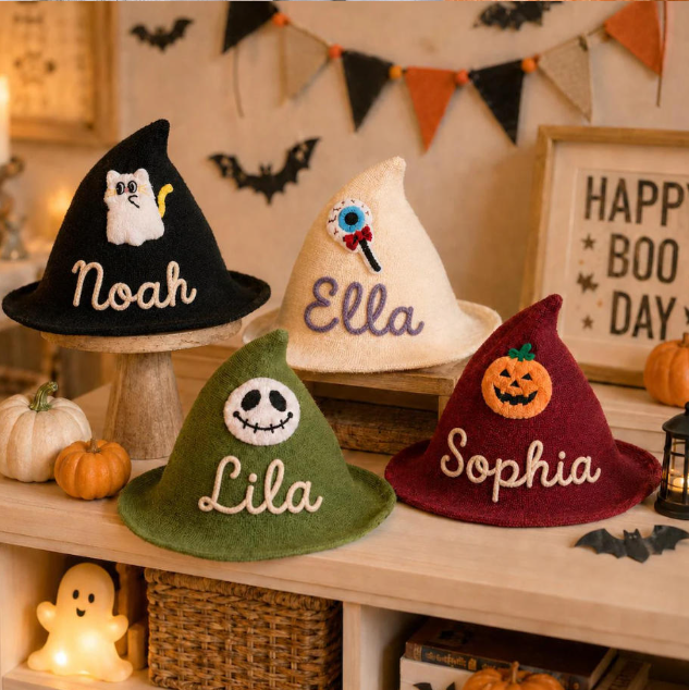 Personalized Halloween Children Knitted Hat, Kid Wizard Hat