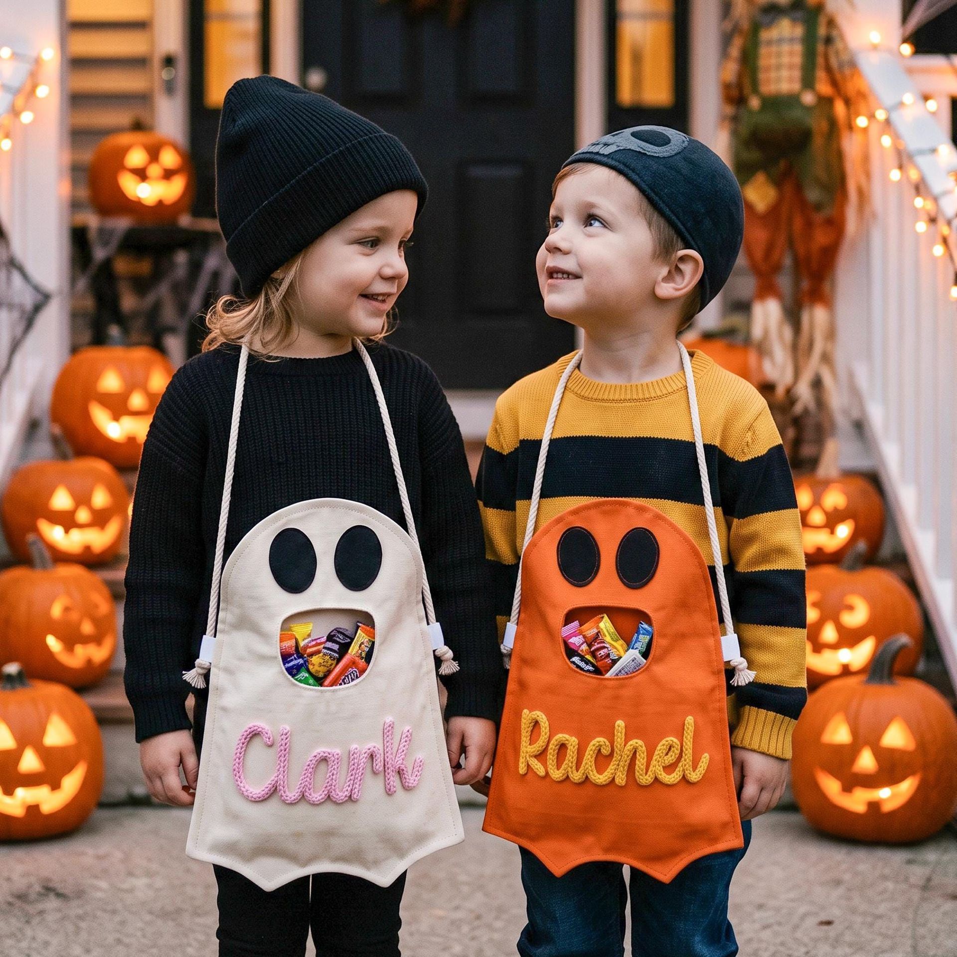 Personalized Halloween Ghost Trick-or-Treat Bag, Custom Name, Soft Fabric Halloween Candy Bucket