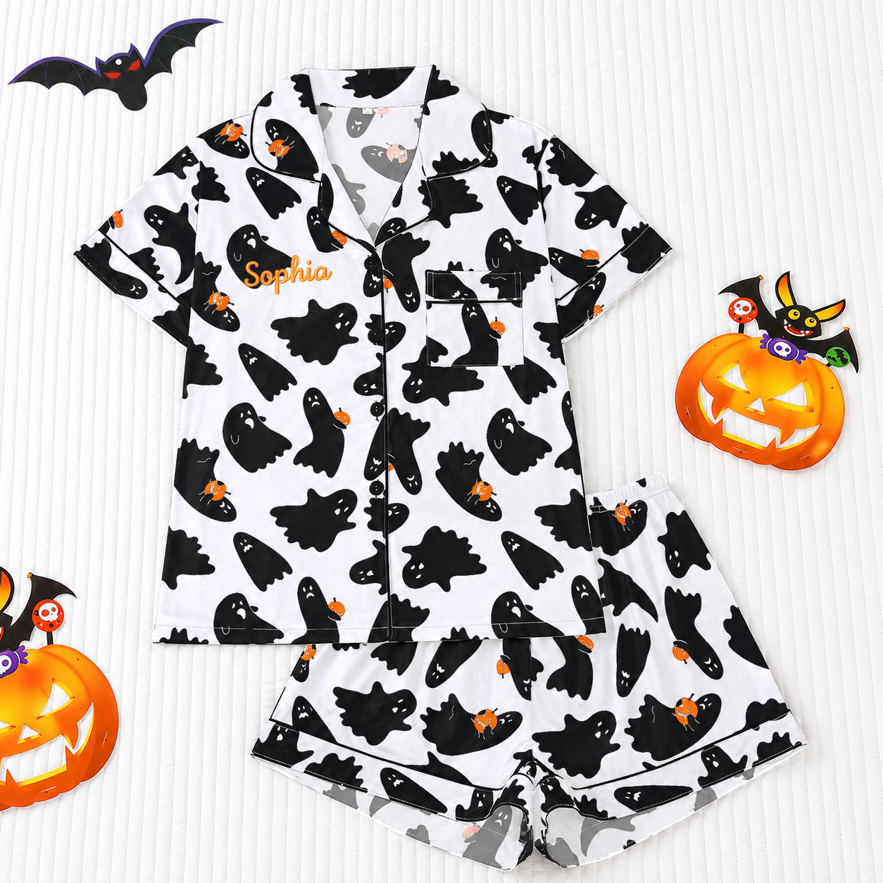 Personalized Halloween Embroidered Pajamas,T-shirt and shorts,Homewear set