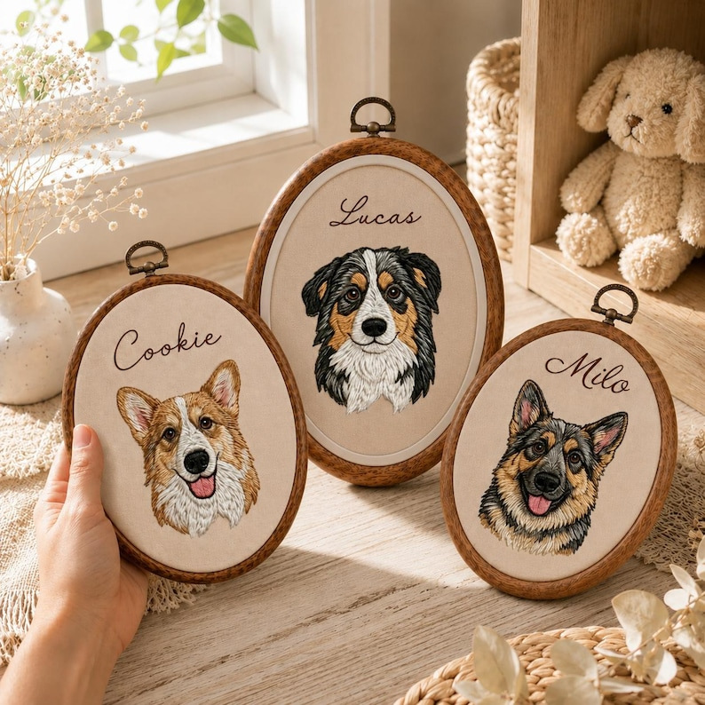 Customizable embroidered pet portrait name wooden frame