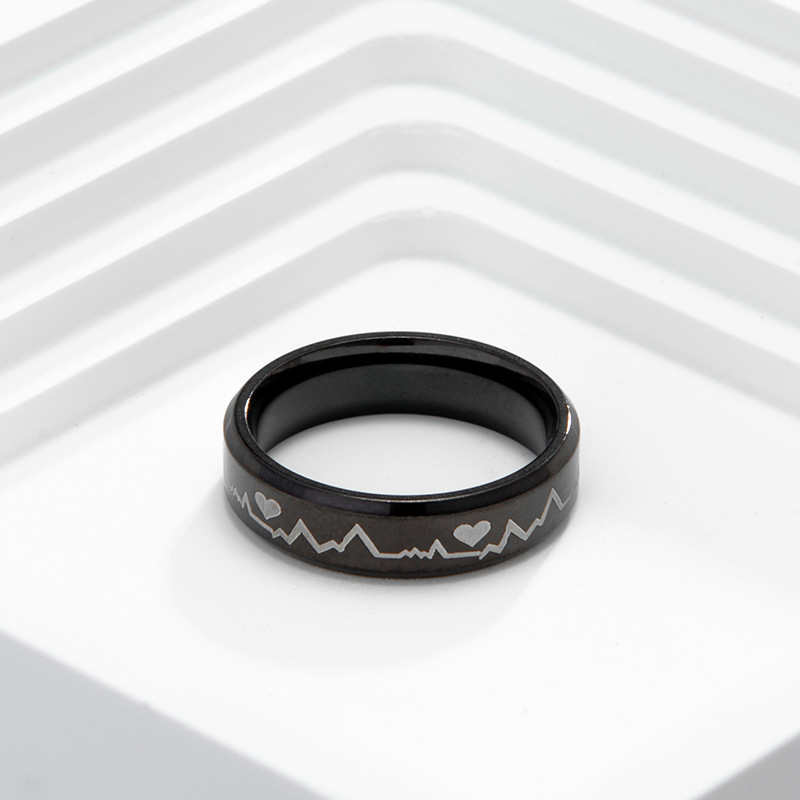 Electrocardiogram Coated Black Stainless Steel Ring