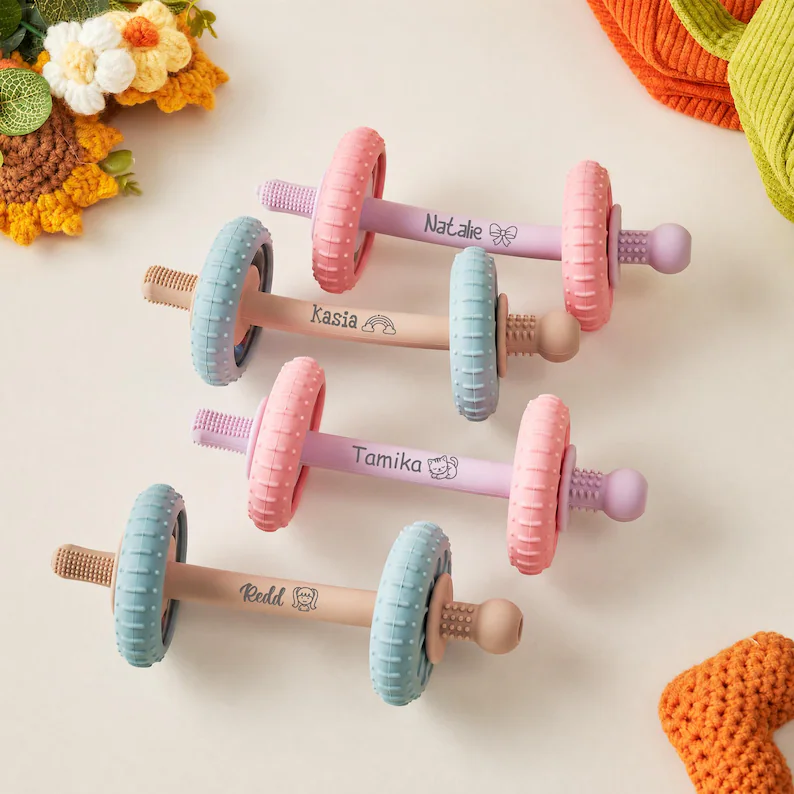 Personalized baby teeth grinding dumbbell teething toy, baby teething period shaking ring, food grade silicone grinding rod