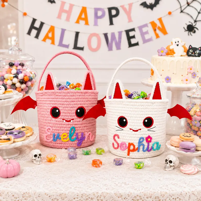 Personalized Halloween Basket, Custom Name Candy Bucket for Kids, Toddler Tote