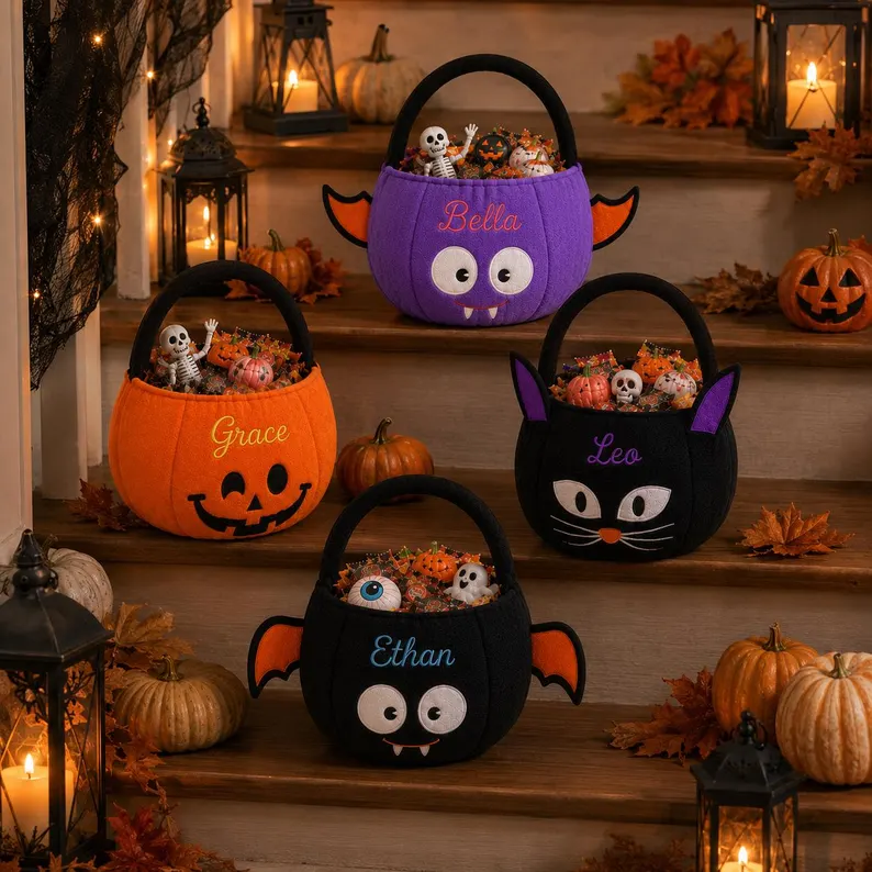 Personalized Halloween Trick or Treat Basket, Kids Candy Bucket, Embroidered Name Bag, Happy Halloween Gifts