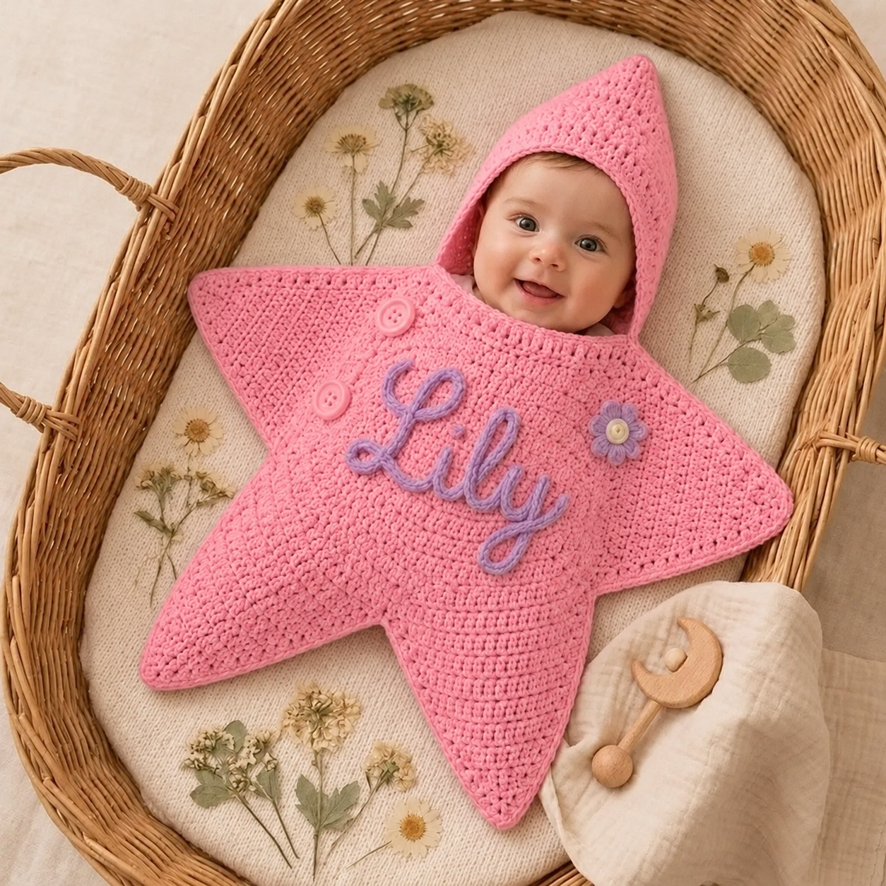 Customizable baby wrapped starfish sleeping bag and hand crocheted jumpsuit